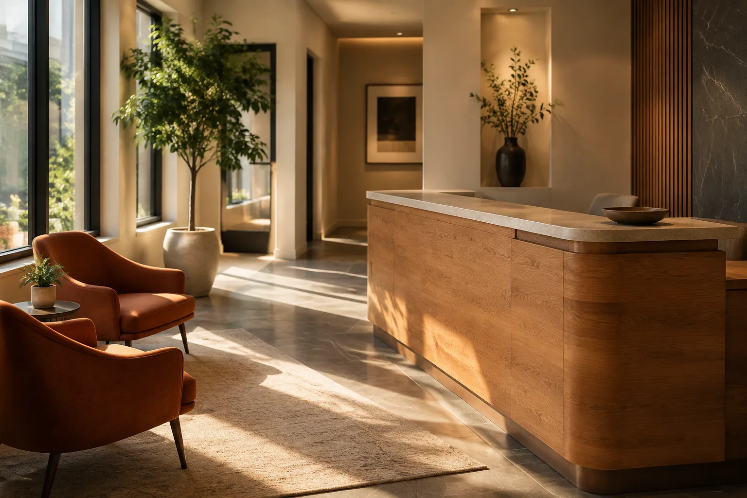 Sunlight across an oak reception desk and terracotta chairs in an illustrative clinic