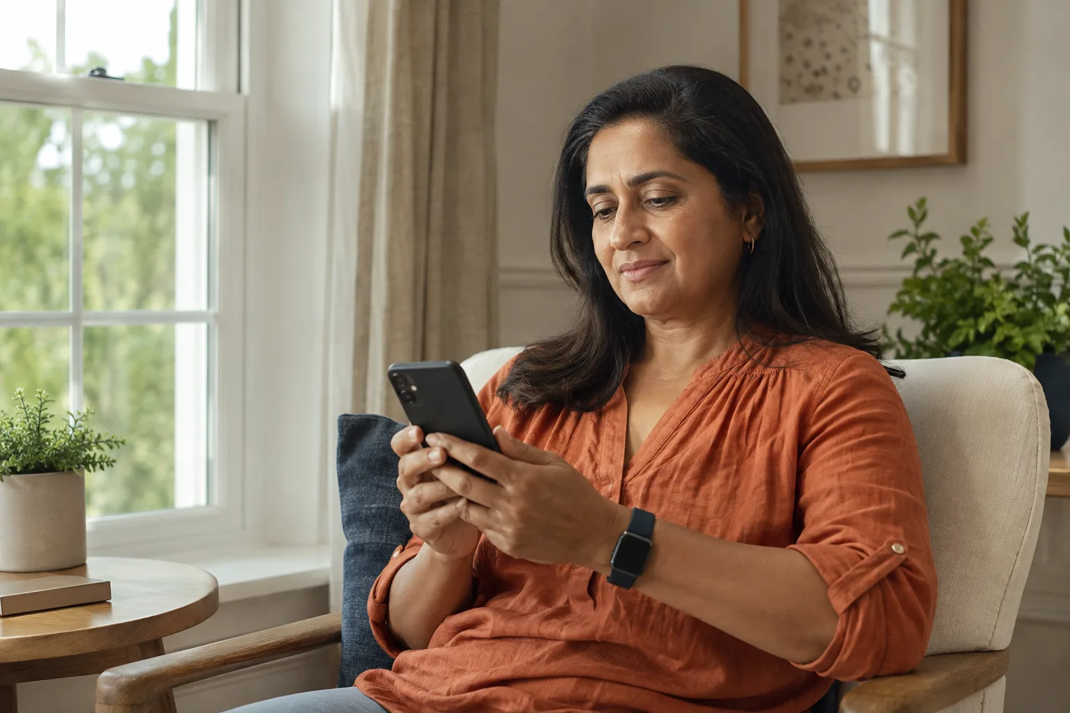 A woman checks her phone at home with a smartwatch on her wrist